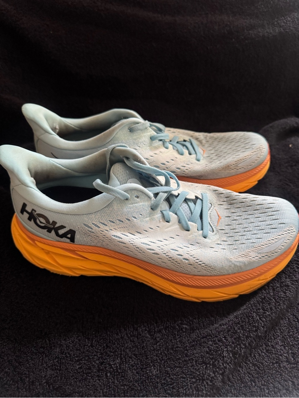 Hoka Light Blue and Orange Athletic Running Shoes